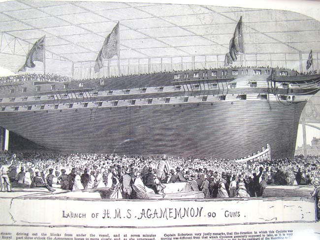 A 19th century steel engraving of the Launch of H M S Agamemnon printed in The Illustrated London News May 29, 1852
